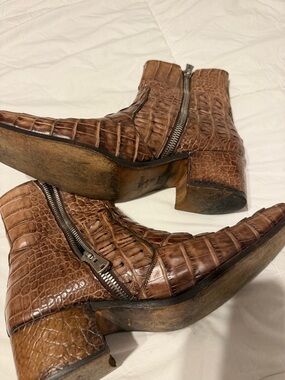 Yves Saint Laurent Brown Croc-Embossed Leather Zip Ankle Boots